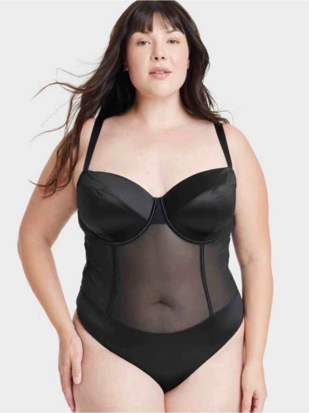 Auden Black Satin & Mesh Bodysuit - Picture 1 of 5